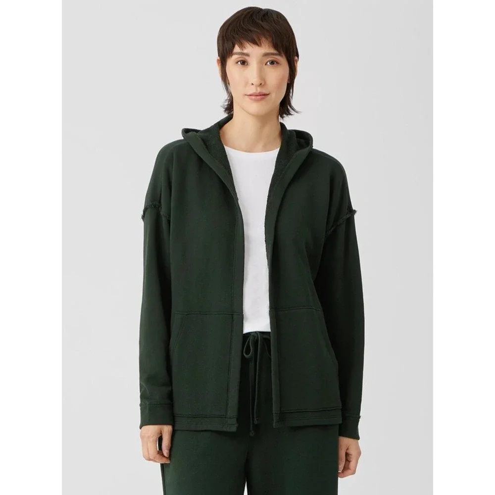 Eileen Fisher Organic Cotton French Terry Hooded Jacket Green Boxy Open Front L